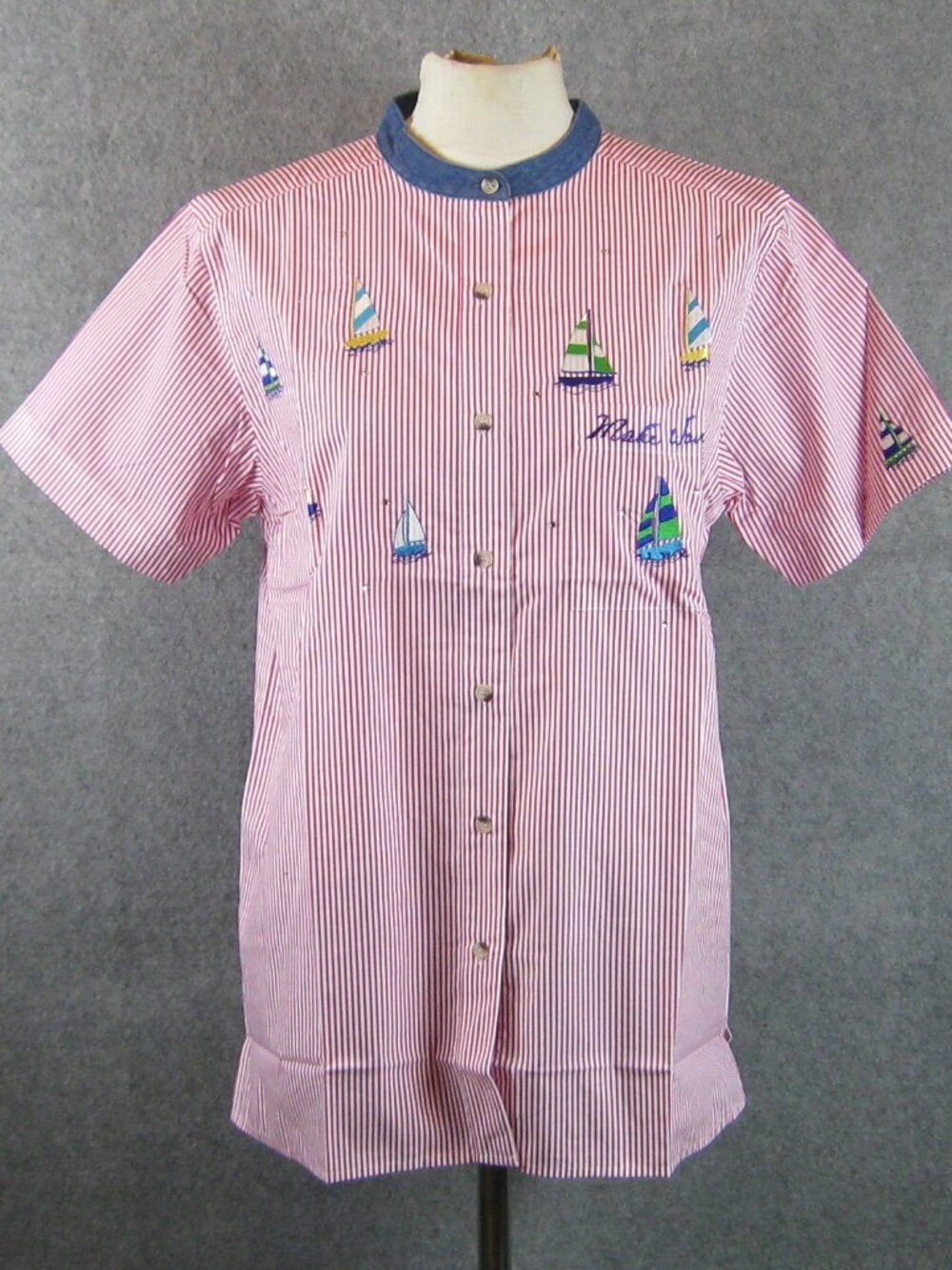 Quacker Factory Embroidered Sailboat Shirt Button Covers Sz M Pink